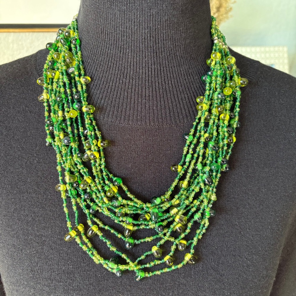 Multi Strand Green Glass Bead Necklace